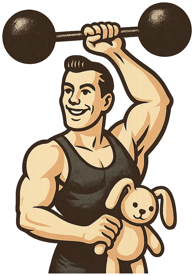 A grinning dad pressing a barbell overhead with one arm and holding a stuffed rabbit in the other.